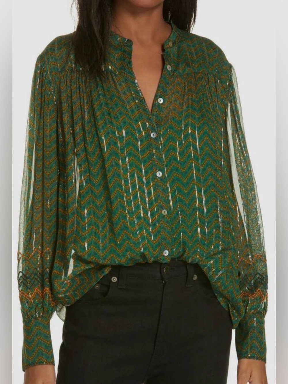 BA&SH bash Top Wize Metallic Blouse Green Brown Cheveron Print Size 0 (US4) New